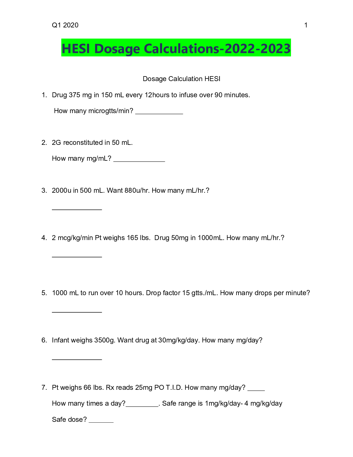 Preview of HESI Dosage Calculations-2022-2023